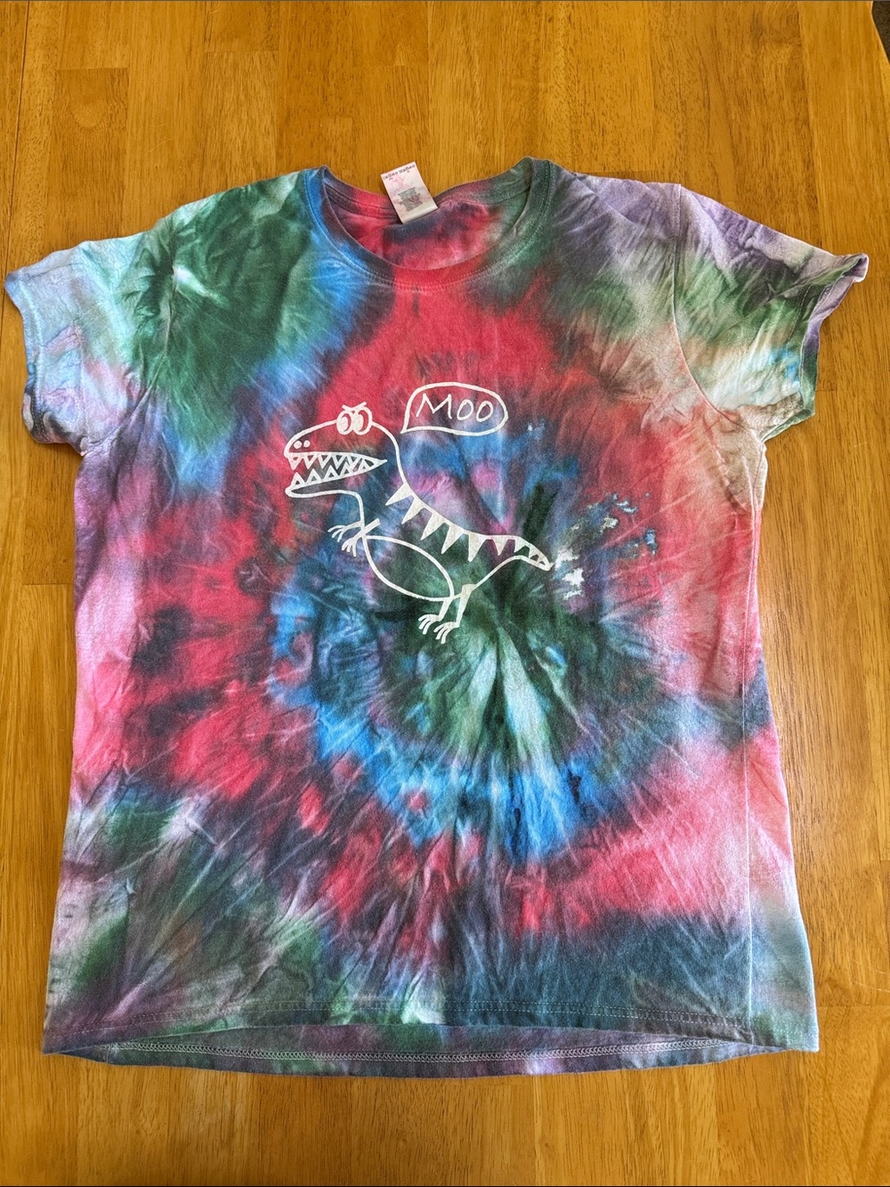 Tie-Dye Dinosaur Graphic T Shirt Moo Groa Design Women’s Large